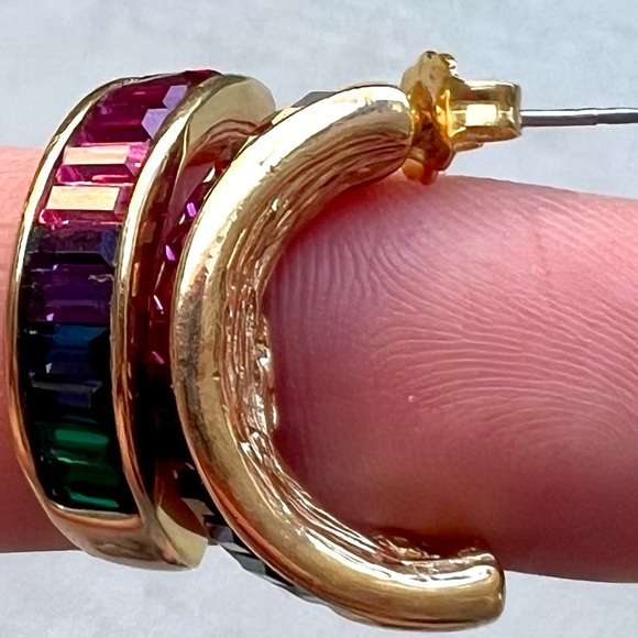 Vintage Roman Rainbow Crystal Half Hoop Earrings Gold Tone - Picture 3 of 5